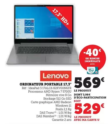 Lenovo - Ordinateur Portable 17,3" offre à 529€ sur Hyper U