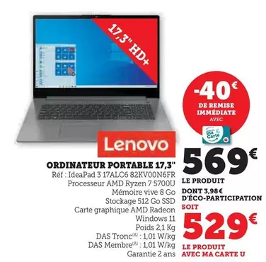 Lenovo - Ordinateur Portable 17,3" offre à 569€ sur Hyper U