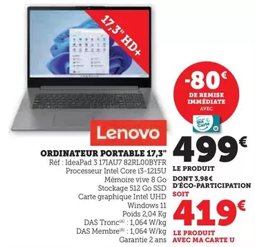 Lenovo - Ordinateur Portable 17,3" offre à 499€ sur Hyper U