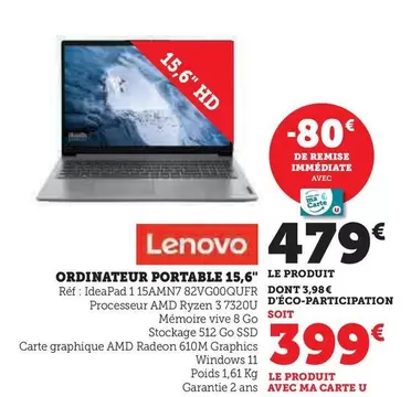 Lenovo - Ordinateur Portable 15,6" offre à 479€ sur Super U