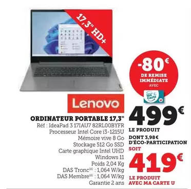 Lenovo - Ordinateur Portable 17,3" offre à 499€ sur Super U