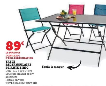 Dim - Table Rectangulaire Pliante Binic offre à 89€ sur Super U