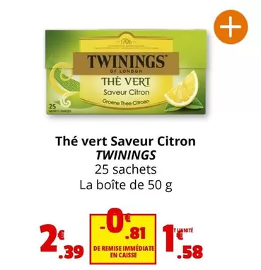 Twinings - Thé Vert Saveur Citron offre à 1,58€ sur Coccinelle Express