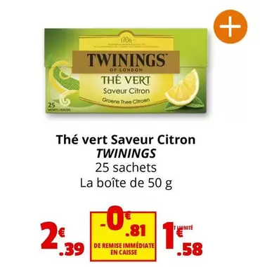 Twinings - The Vert Saveur Citron offre à 1,58€ sur Coccinelle Supermarché