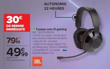 JBL - Casque Sans Fil Gaming offre à 49,99€ sur Carrefour Contact
