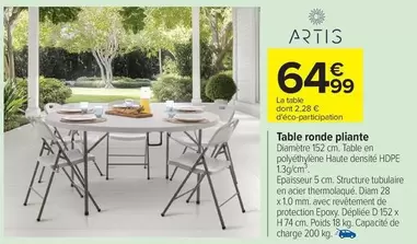 Artis - Table ronde pliante offre à 64,99€ sur Carrefour Contact