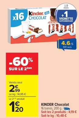 Kinder - Chocolat offre à 2,99€ sur Carrefour Market