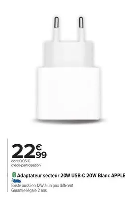 Apple - Adaptateur Secteur 20w Usb-c 20w Blanc offre à 22,99€ sur Carrefour Drive