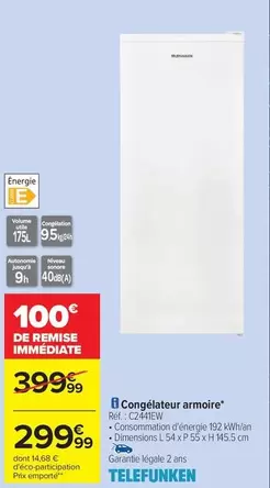 Telefunken - Congélateur Armoire offre à 299,99€ sur Carrefour Drive