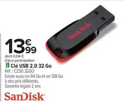 SanDisk - Clé Usb 2.0 32 Go offre à 13,99€ sur Carrefour Express