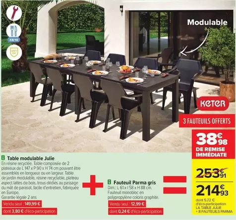 Table Modulable Julie offre à 214,93€ sur Carrefour Express
