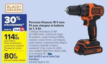 Black & Decker - Perceuse-visseuse 18 V Sans Fil Avec Chargeur Et Batterie De 1,5 Ah offre à 80,49€ sur Carrefour Express