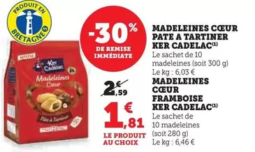 Ker Cadelac - Madeleines Coeur Pate A Tartiner/Madeleines Coeur Framboise  offre à 1,81€ sur Super U