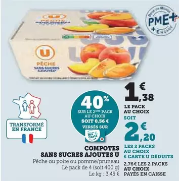 U - Compotes Sans Sucres Ajoutes offre à 1,38€ sur Super U