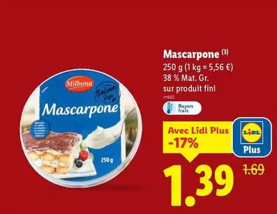 Milbona - Mascarpone offre à 1,39€ sur Lidl