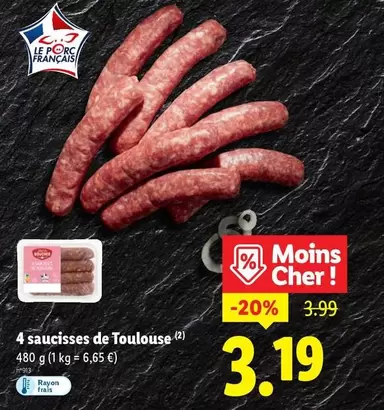 4 Saucisses De Toulouse offre à 3,19€ sur Lidl