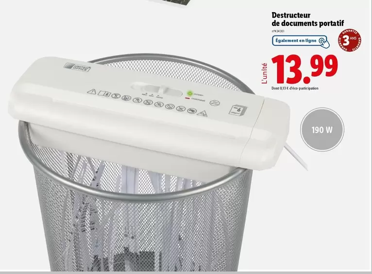 United Office - Destructeur De Documents offre à 13,99€ sur Lidl