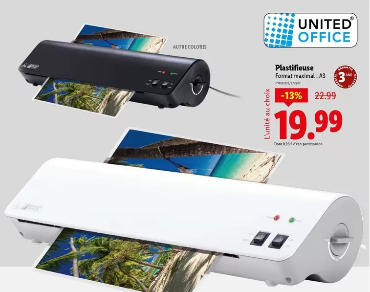 United Office - Plastifieuse  offre à 19,99€ sur Lidl