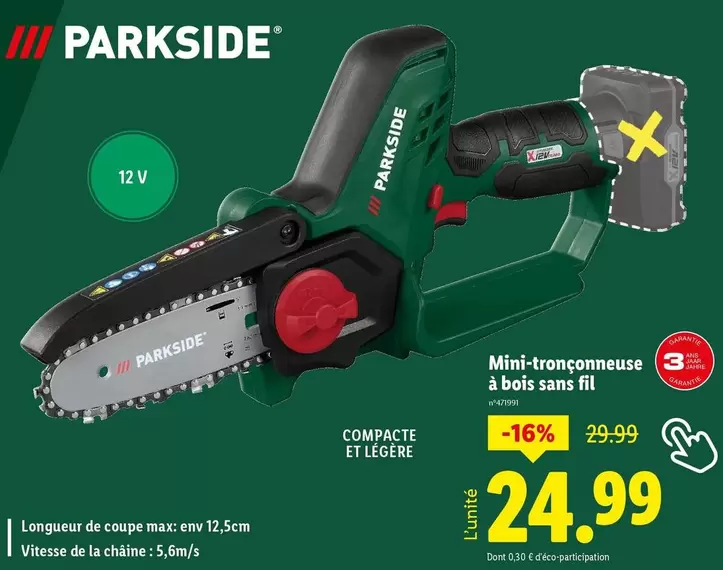 Parkside - Mini-Tronçonneuse À Bois Sans Fil offre à 24,99€ sur Lidl