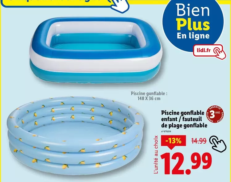 Piscine Gonflable Enfant/Fauteuil De Plage Gonflable offre à 12,99€ sur Lidl