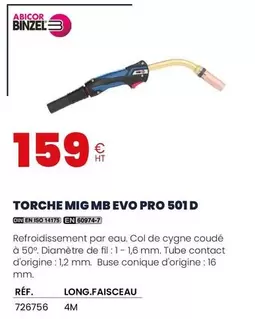 Abicor Binzel - Torche Mig Mb Evo Pro 501 D offre à 159€ sur Au Forum du Bâtiment