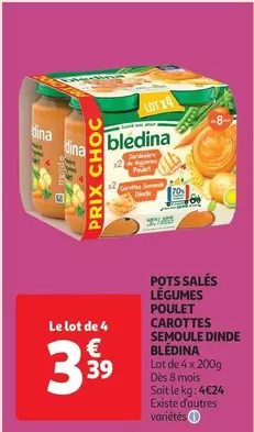 Blédina - Pots Salés Légumes Poulet Carottes Semoule Dinde offre à 3,39€ sur Auchan Hypermarché