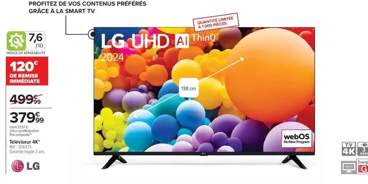 LG - Téléviseur 4k offre à 379,99€ sur Cora