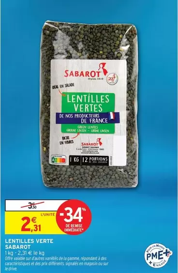 Sabarot - Lentilles Verte offre à 2,31€ sur Intermarché Hyper