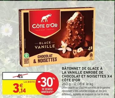 Côte d'or - Bâtonnet De Glace À La Vanille Enrobé De Chocolat Et Noisettes X4 offre à 3,14€ sur Intermarché Hyper