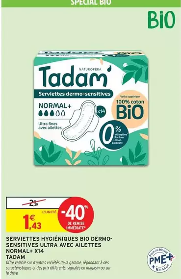 Tadam - Serviettes Hygiéniques Bio Dermo-Sensitives Ultra Avec Ailettes Normal offre à 1,43€ sur Intermarché Hyper