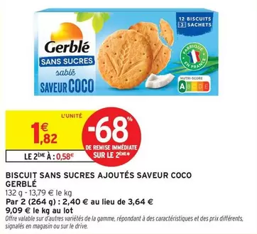 Gerblé - Biscuit Sans Sucres Ajoutés Saveur Coco offre à 1,82€ sur Intermarché Express