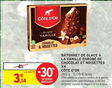 Côte d'or - Bâtonnet De Glace À La Vanille Enrobé De Chocolat Et Noisettes X4 offre à 3,14€ sur Intermarché Contact