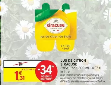 Siracuse - Jus De Citron offre à 1,31€ sur Intermarché Contact