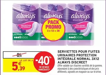 Always - Serviettes Pour Fuites Urinaires Protection Integrale Normal offre à 5,39€ sur Intermarché Contact