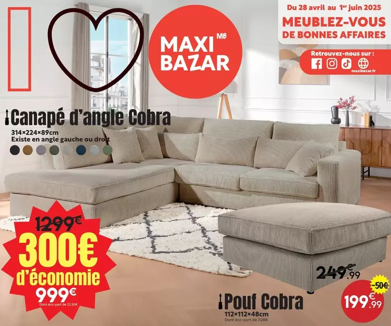 Canapé D'Angle Cobra offre à 999€ sur Maxi Bazar