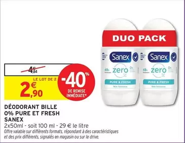 Sanex - Déodorant Bille 0% Pure Et Fresh offre à 2,9€ sur Intermarché