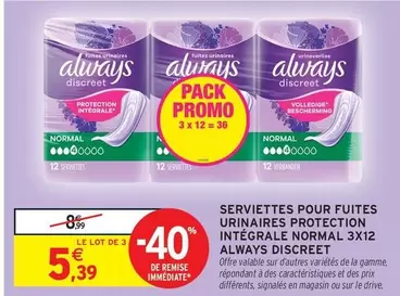 Always - Serviettes Pour Fuites Urinaires Protection Integrale Normal offre à 5,39€ sur Intermarché