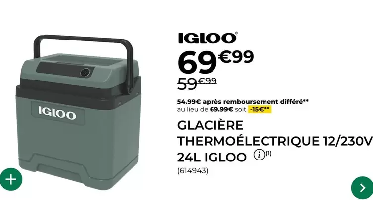 Igloo - Glacière Thermoélectrique 12/230V offre à 59,99€ sur Feu Vert