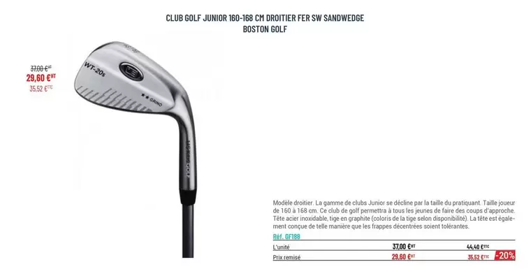 Casal Sport - Club Golf Junior 160-168 Cm Droitier Fer Sw Sandwedge Boston Golf  offre sur Casal Sport