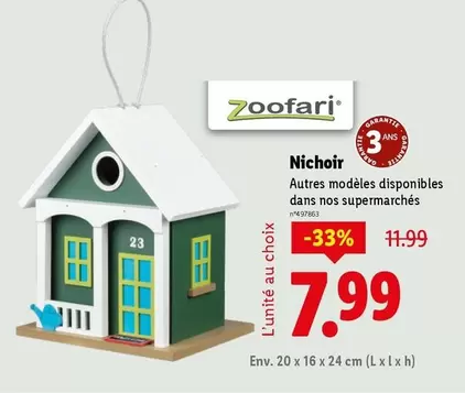Zoofari - Nichoir offre à 7,99€ sur Lidl