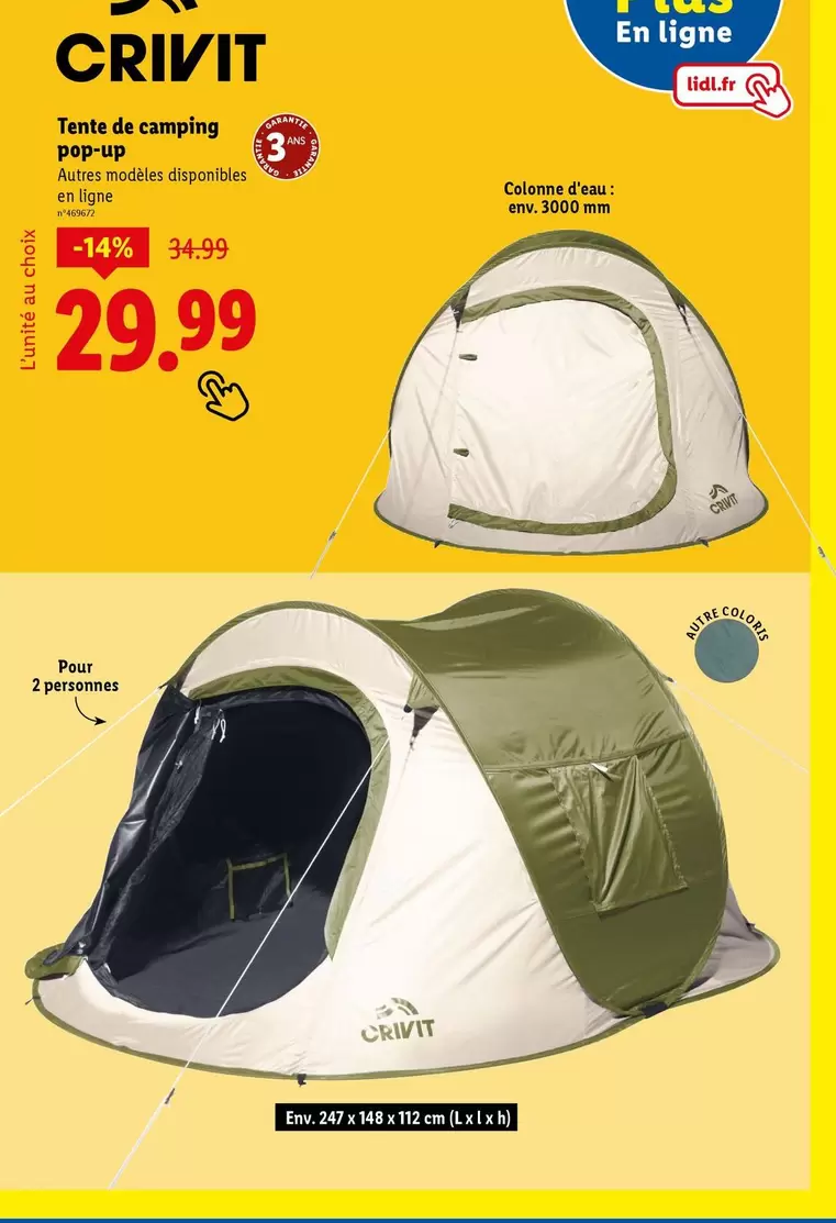Crivit - Tente De Camping Pop-Up offre à 29,99€ sur Lidl