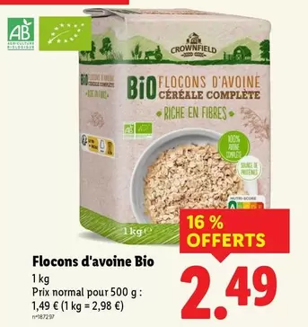 Crownfield - Flocons D'Avoine Bio offre à 2,49€ sur Lidl