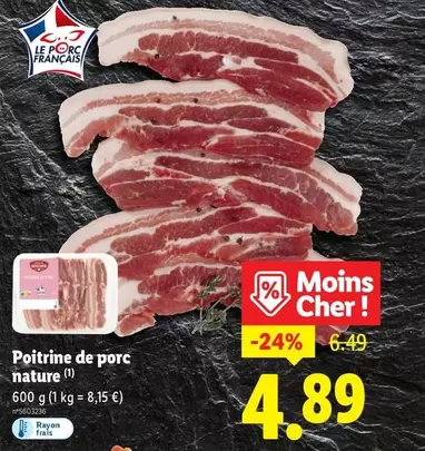 L'etal Du Boucher - Poitrine De Porc Nature offre à 4,89€ sur Lidl