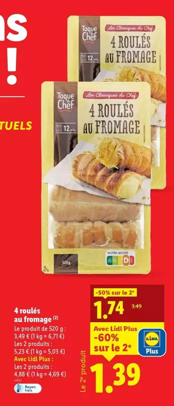 Toque Du Chef - 4 Roulés Au Fromage offre à 3,49€ sur Lidl