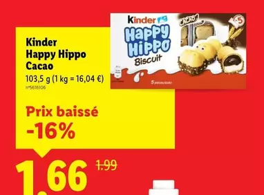 Kinder - Happy Hippo Cacao offre à 1,66€ sur Lidl