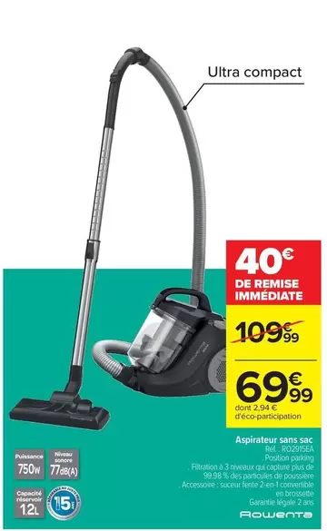Rowenta - Aspirateur Sans Sac Réf. : Ff150015 offre à 69,99€ sur Carrefour Contact