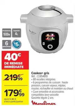 Moulinex - Cookeo+ Gris Réf.: C854810 offre à 179,99€ sur Carrefour City