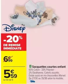 Disney - Socquettes Courtes Enfant offre à 5,59€ sur Carrefour Express