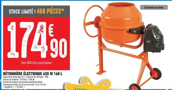 Bétonnière Electrique 650W offre à 174,9€ sur Brico Cash