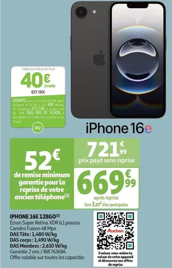 Total - Iphone 16e 128go offre à 669,99€ sur Auchan Hypermarché